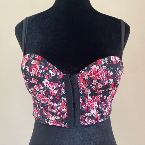 Tops - Floral Corset Bustier Top, Black & Pink, Size Small.
